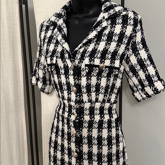 Maje Ricky Tweed Black White Houndstooth Mini Collar Shirt Mini Dress 36 - Picture 9 of 15